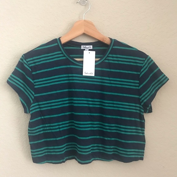 Splendid Medium Navy Turquoise Striped Cropped Tee - Picture 1 of 4